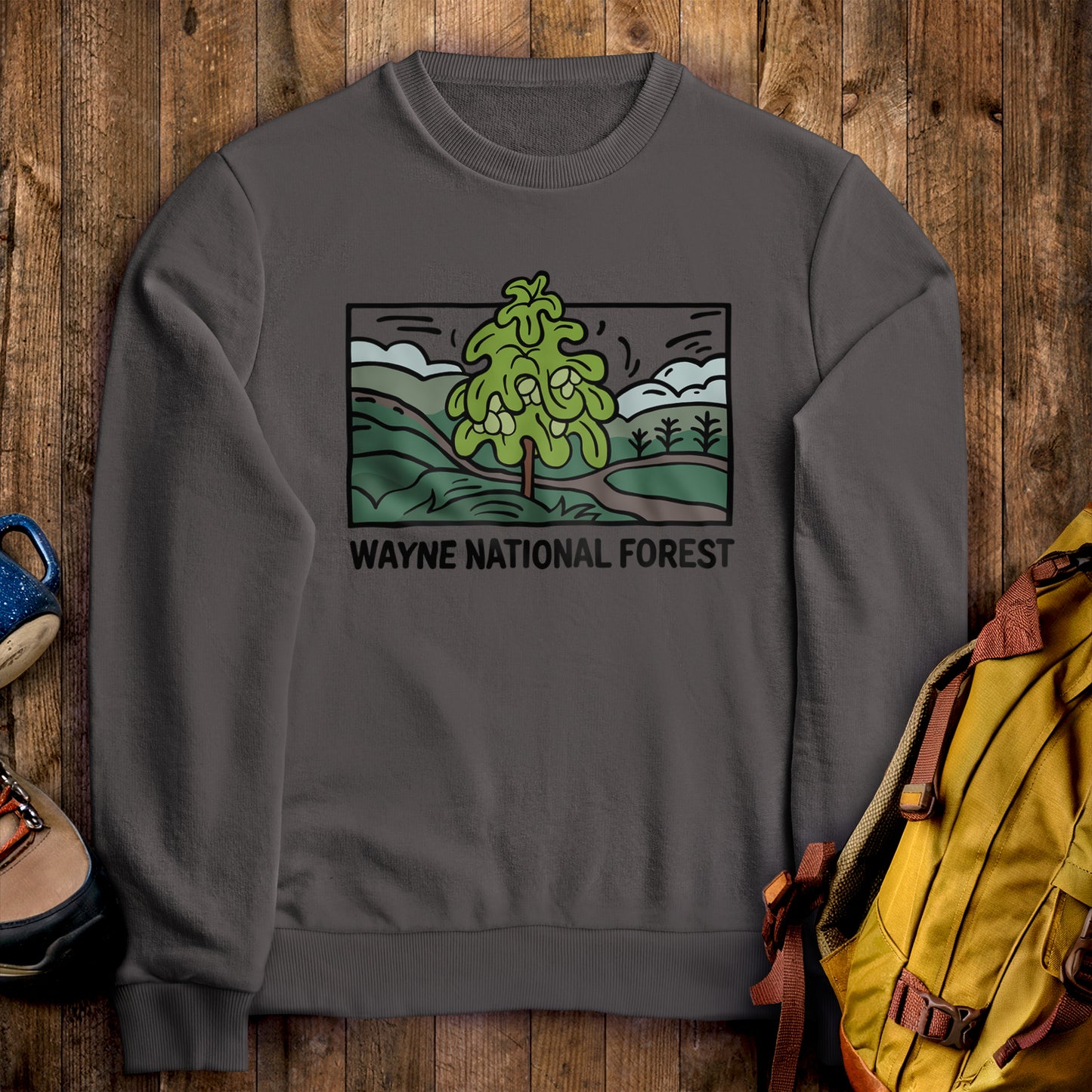 Wayne National Forest Crewneck Sweatshirt Charcoal Adventure and Outdoors Themed Sweatshirt