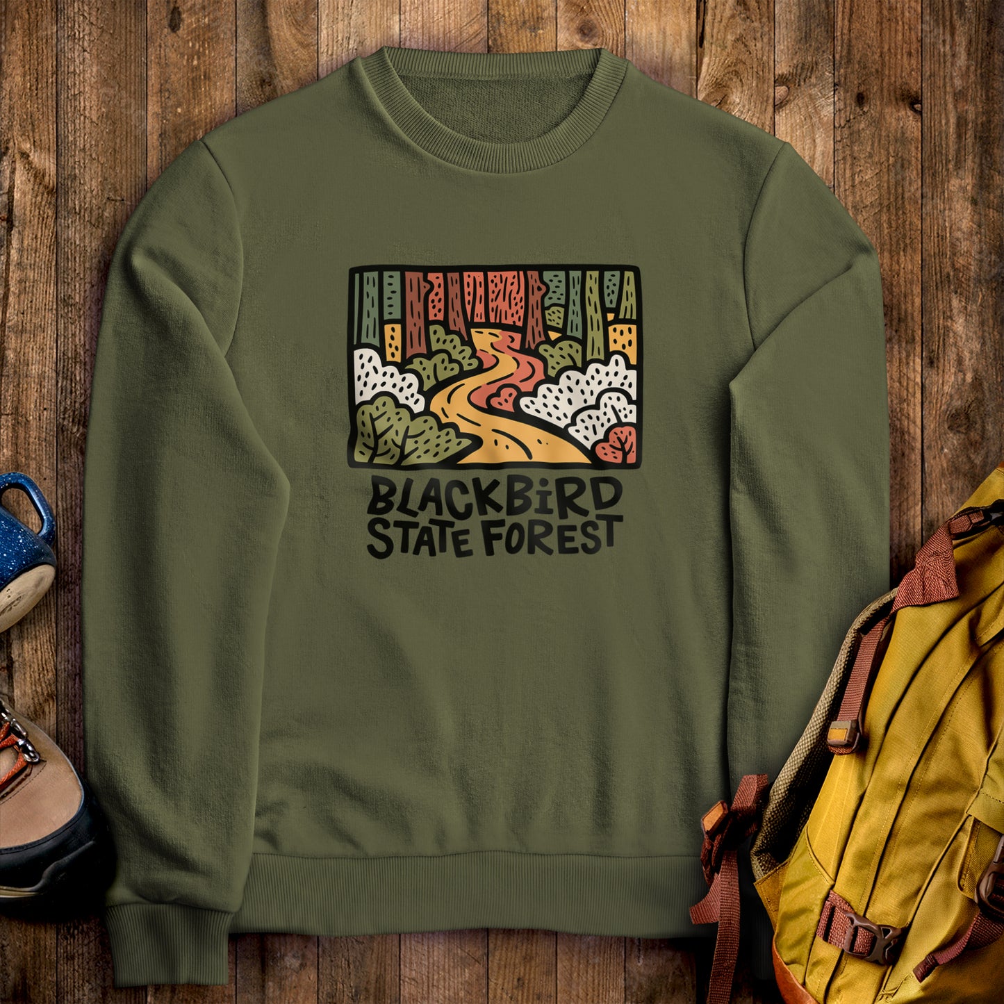 Blackbird State Forest Crewneck Sweatshirt Military Green Adventure and Outdoors Themed Sweatshirt