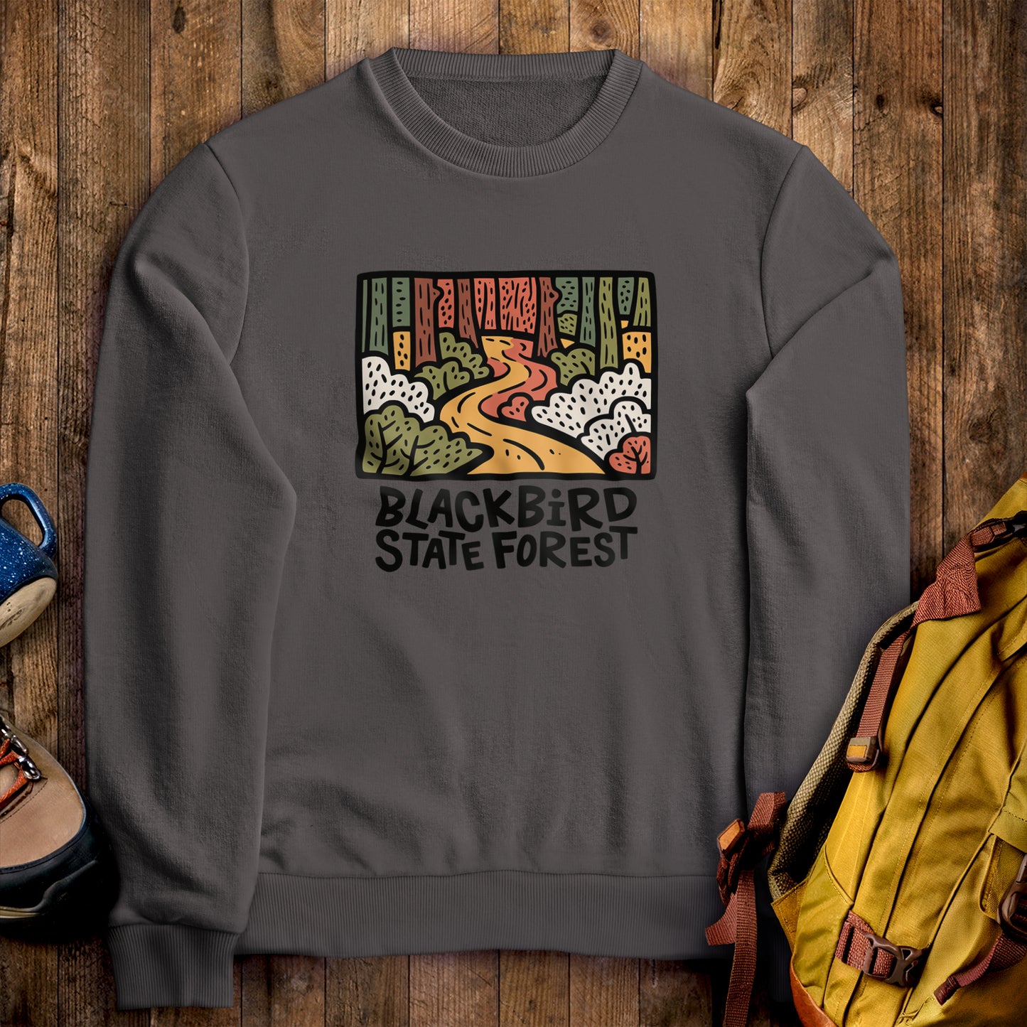 Blackbird State Forest Crewneck Sweatshirt Charcoal Adventure and Outdoors Themed Sweatshirt