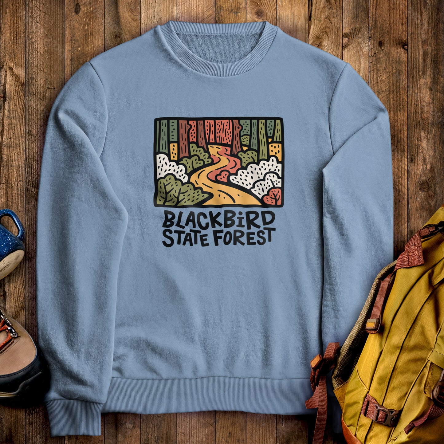 Blackbird State Forest Crewneck Sweatshirt Stone Blue Adventure and Outdoors Themed Sweatshirt