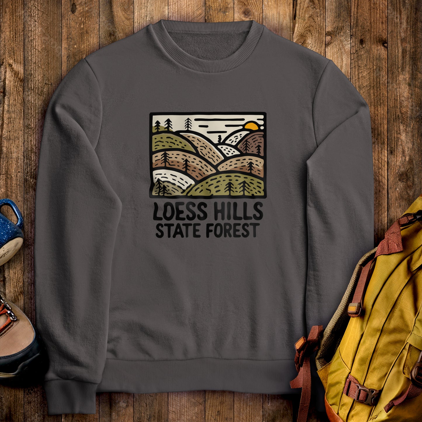 Loess Hills State Forest Crewneck Sweatshirt Charcoal Adventure and Outdoors Themed Sweatshirt