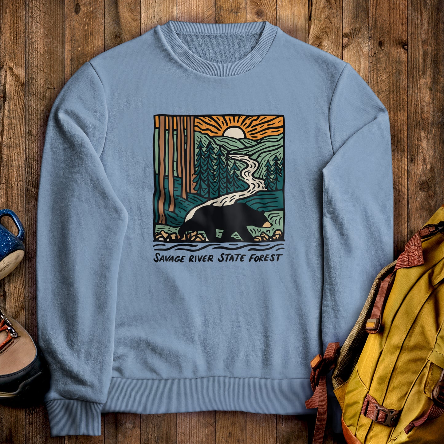 Savage River State Forest Crewneck Sweatshirt Stone Blue Adventure and Outdoors Themed Sweatshirt