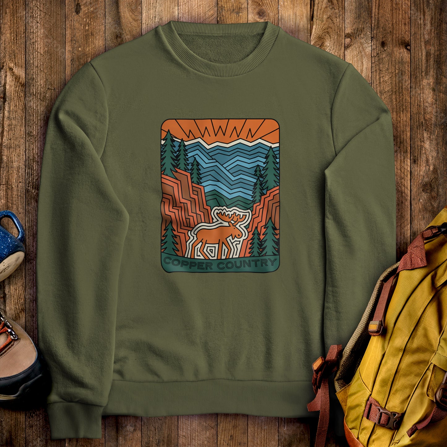 Copper Country State Forest Crewneck Sweatshirt Military Green Adventure and Outdoors Themed Sweatshirt