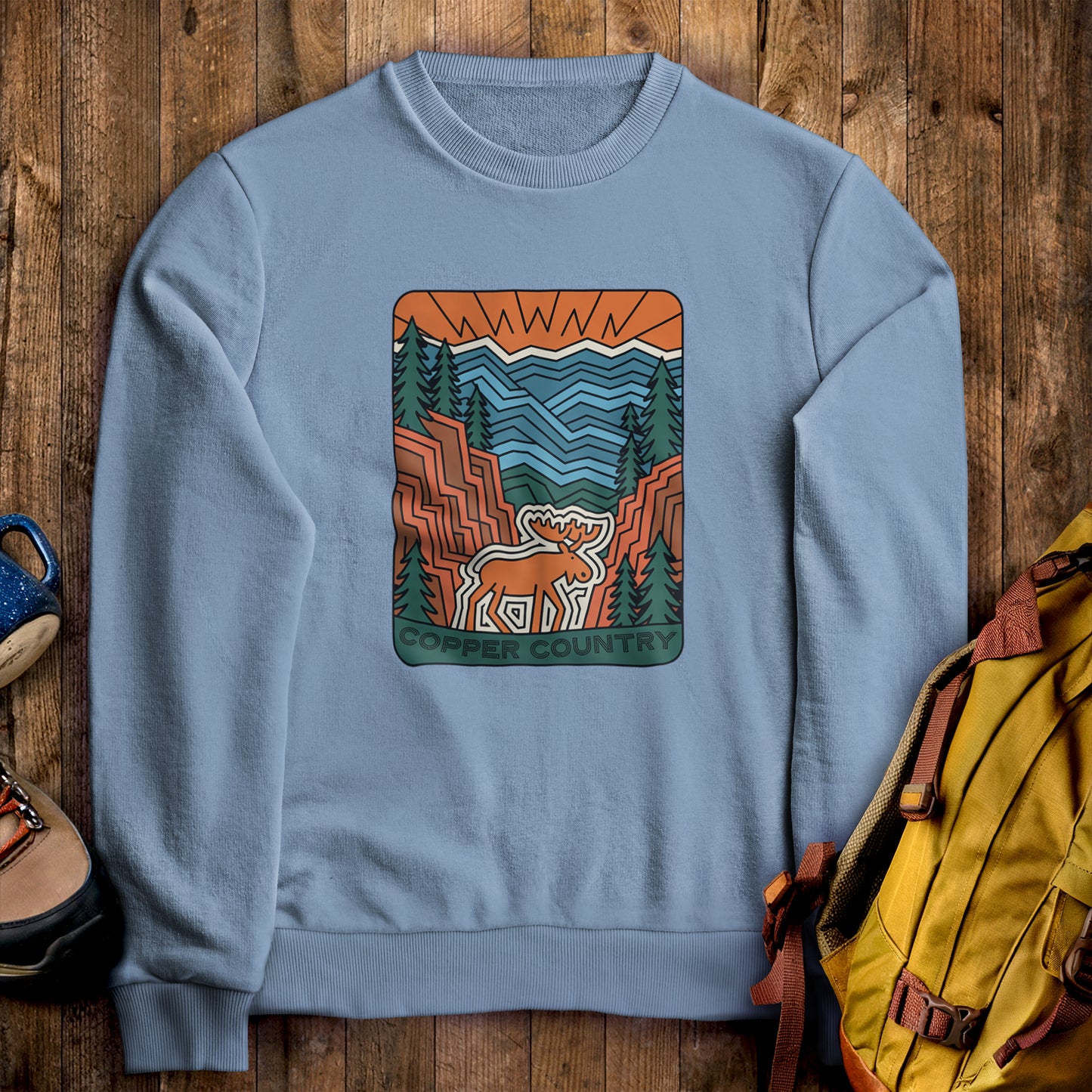 Copper Country State Forest Crewneck Sweatshirt Stone Blue Adventure and Outdoors Themed Sweatshirt