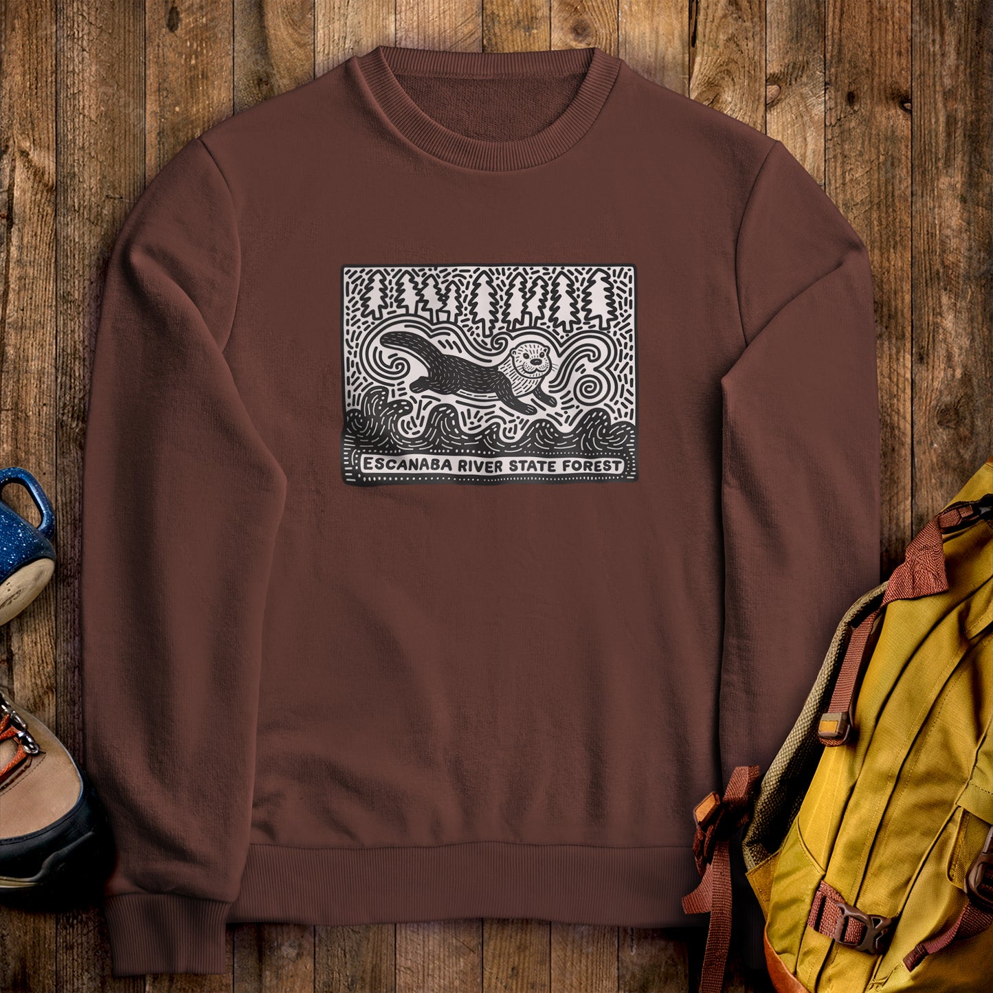 Escanaba River State Forest Crewneck Sweatshirt Cocoa Adventure and Outdoors Themed Sweatshirt