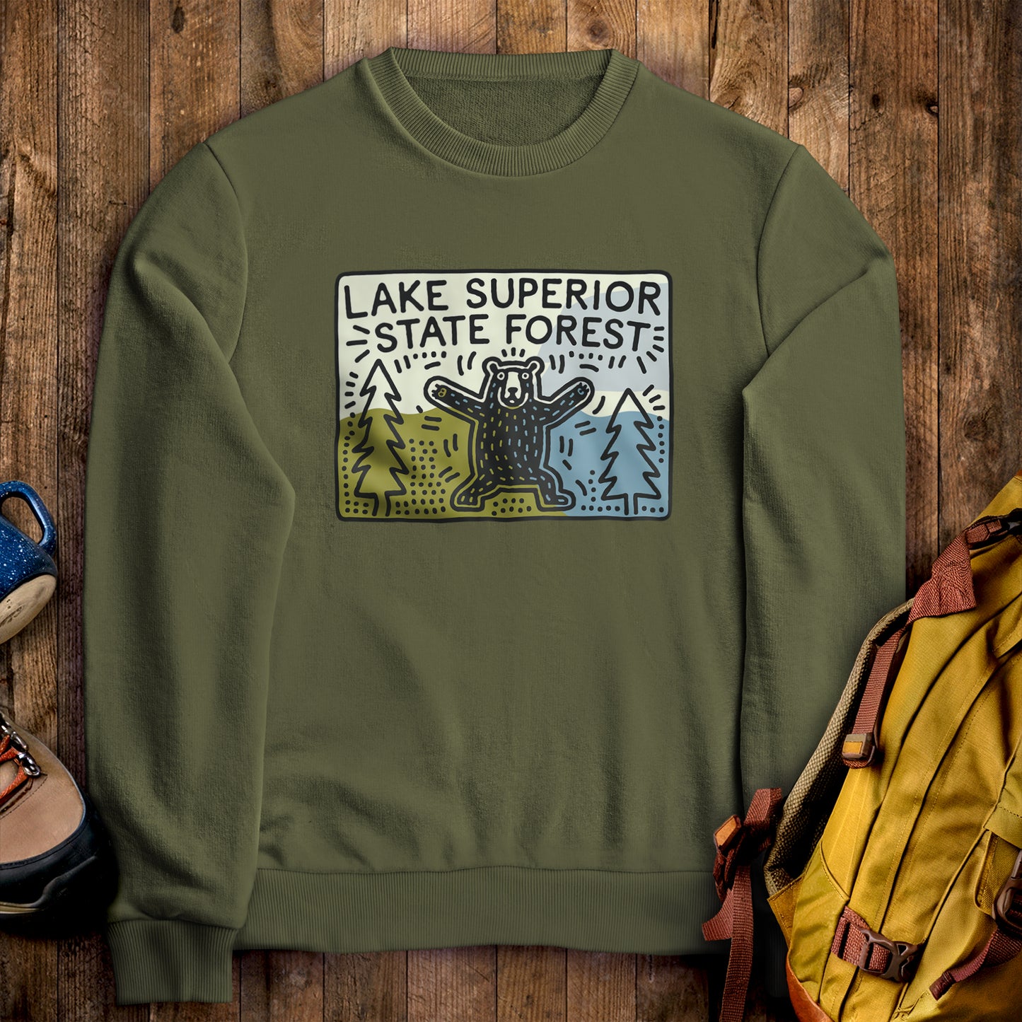 Lake Superior State Forest Crewneck Sweatshirt Military Green Adventure and Outdoors Themed Sweatshirt
