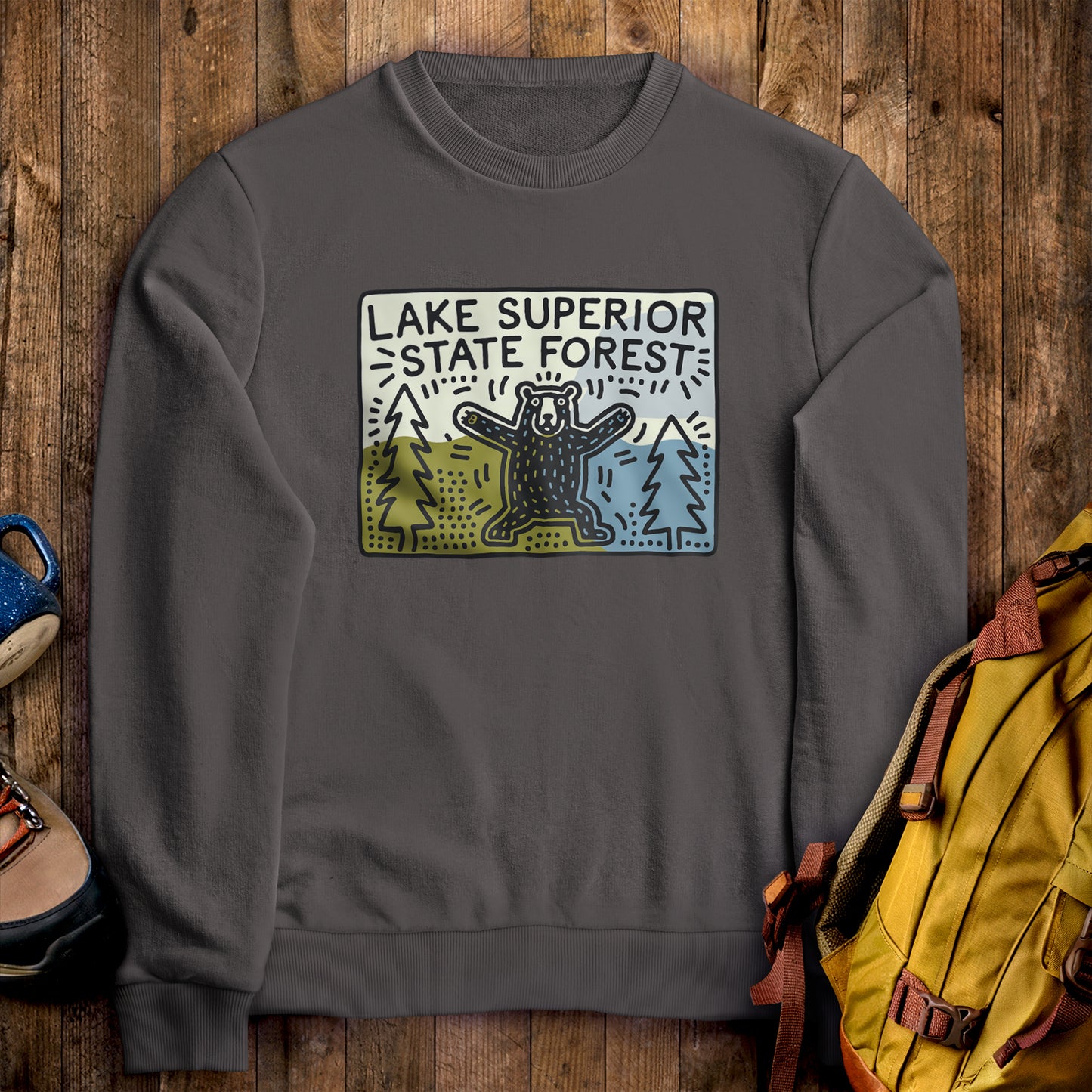 Lake Superior State Forest Crewneck Sweatshirt Charcoal Adventure and Outdoors Themed Sweatshirt