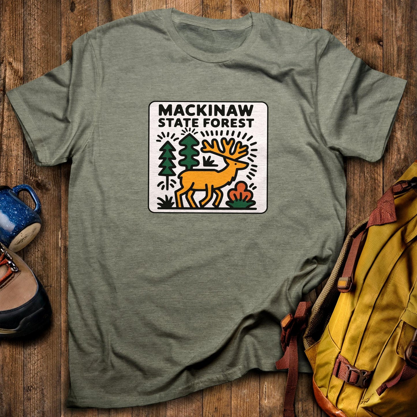 Mackinaw State Forest T-Shirt Heather Military Green Adventure and Outdoors Themed T-Shirt