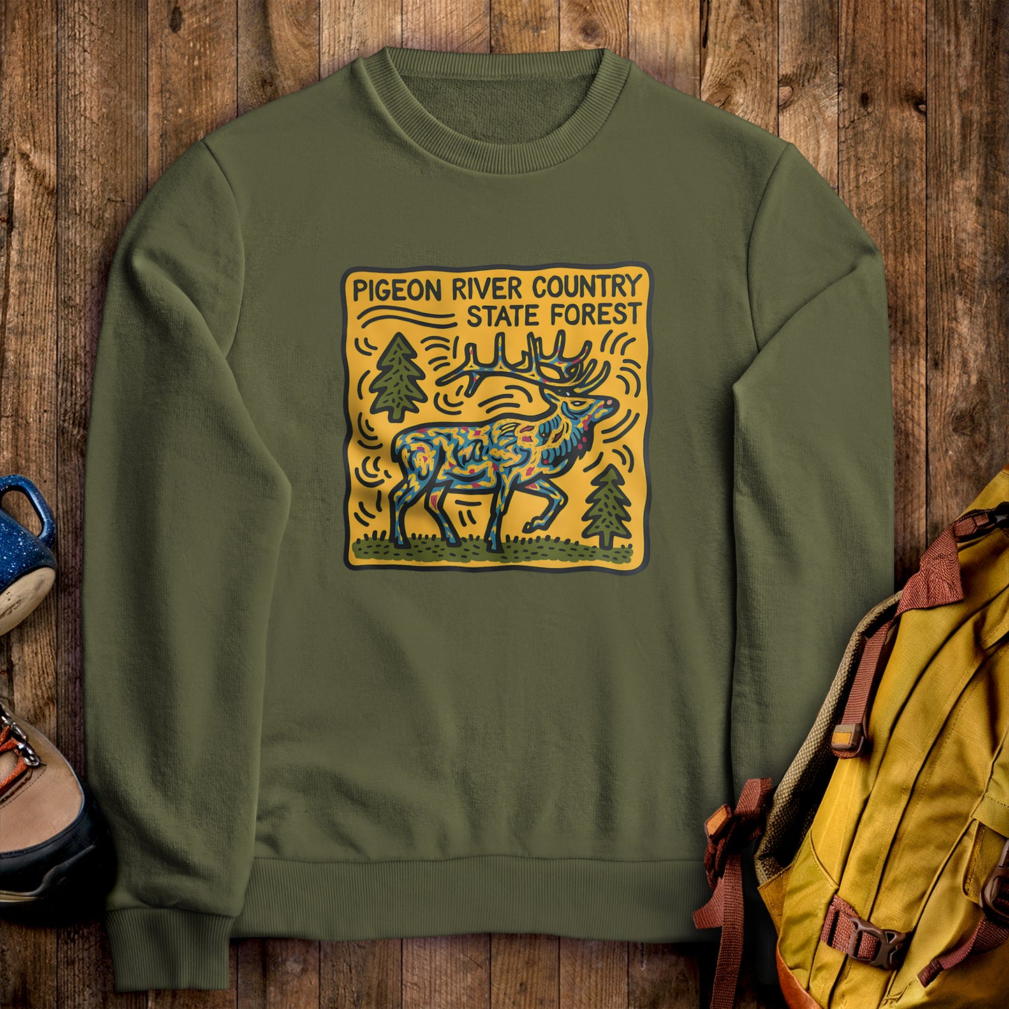 Pigeon River Country State Forest Crewneck Sweatshirt Military Green Adventure and Outdoors Themed Sweatshirt
