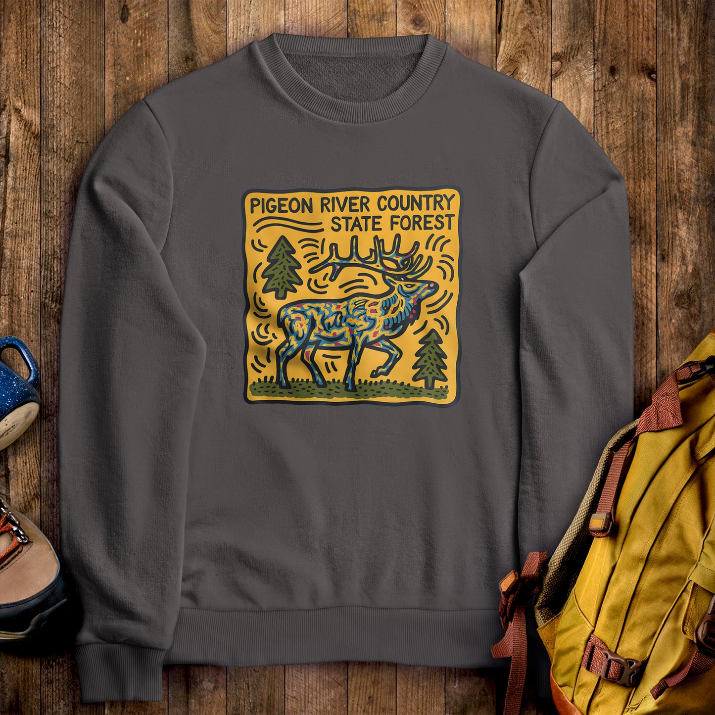 Pigeon River Country State Forest Crewneck Sweatshirt Charcoal Adventure and Outdoors Themed Sweatshirt