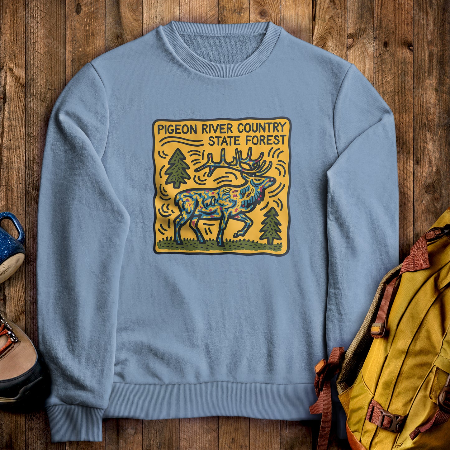 Pigeon River Country State Forest Crewneck Sweatshirt Stone Blue Adventure and Outdoors Themed Sweatshirt