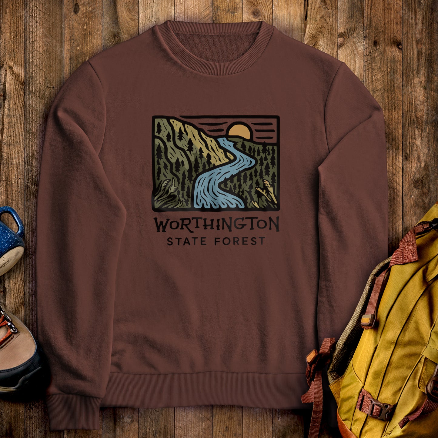 Worthington State Forest Crewneck Sweatshirt Cocoa Adventure and Outdoors Themed Sweatshirt
