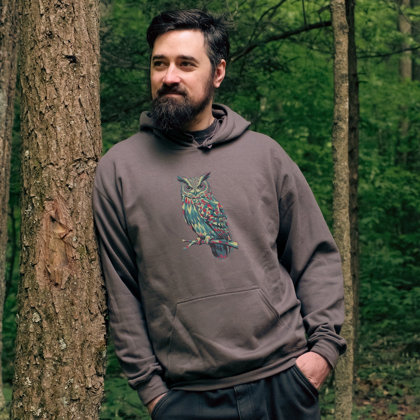 Horned Owl Mosaic Hoodie Adventure and Outdoors Themed Hoodie