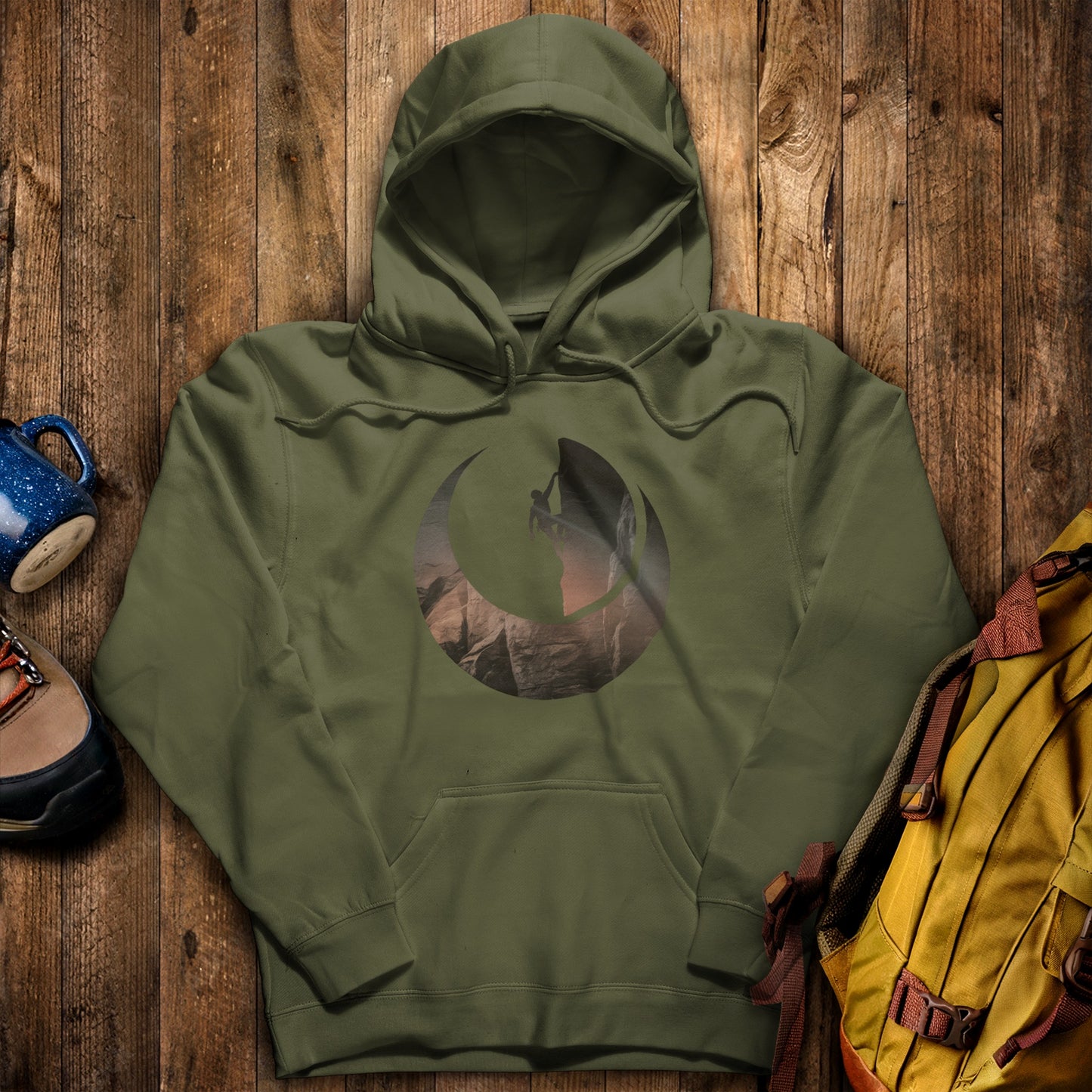 Rock Climber Silhouette Hoodie Military Green Adventure and Outdoors Themed Hoodie