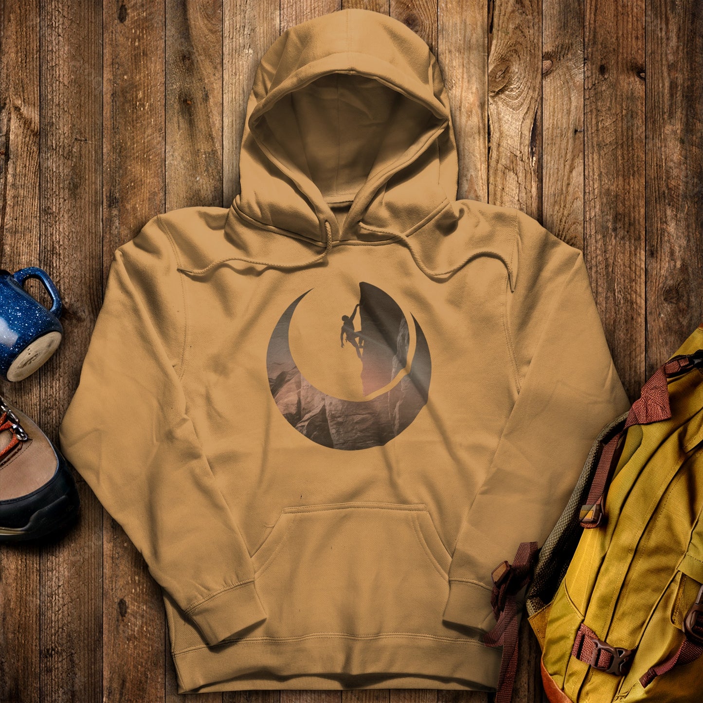 Rock Climber Silhouette Hoodie Mustard Adventure and Outdoors Themed Hoodie