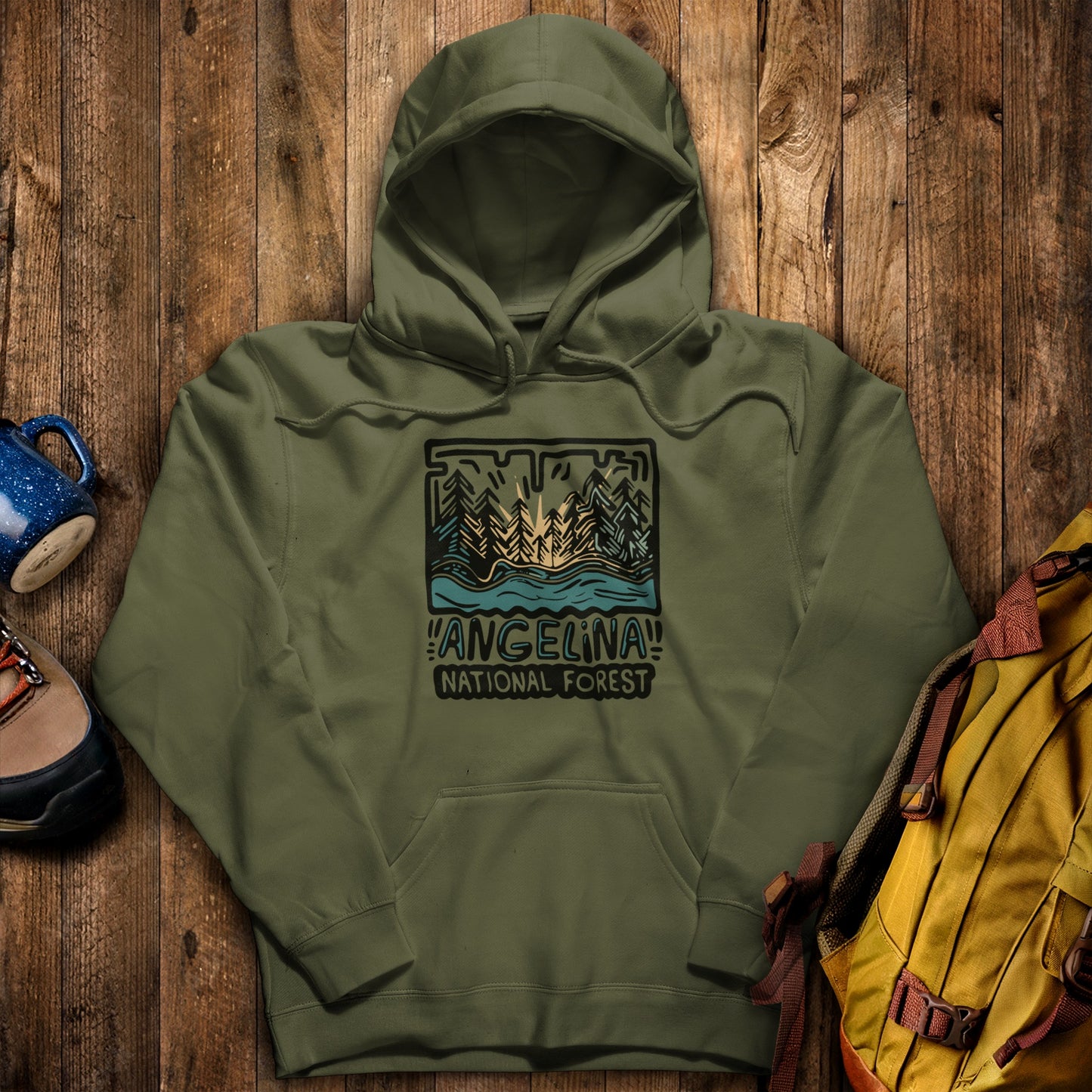 Angelina National Forest Hoodie Military Green Adventure and Outdoors Themed Hoodie