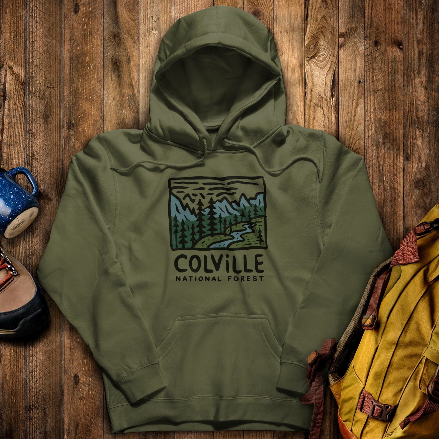 Colville National Forest Hoodie Military Green Adventure and Outdoors Themed Hoodie