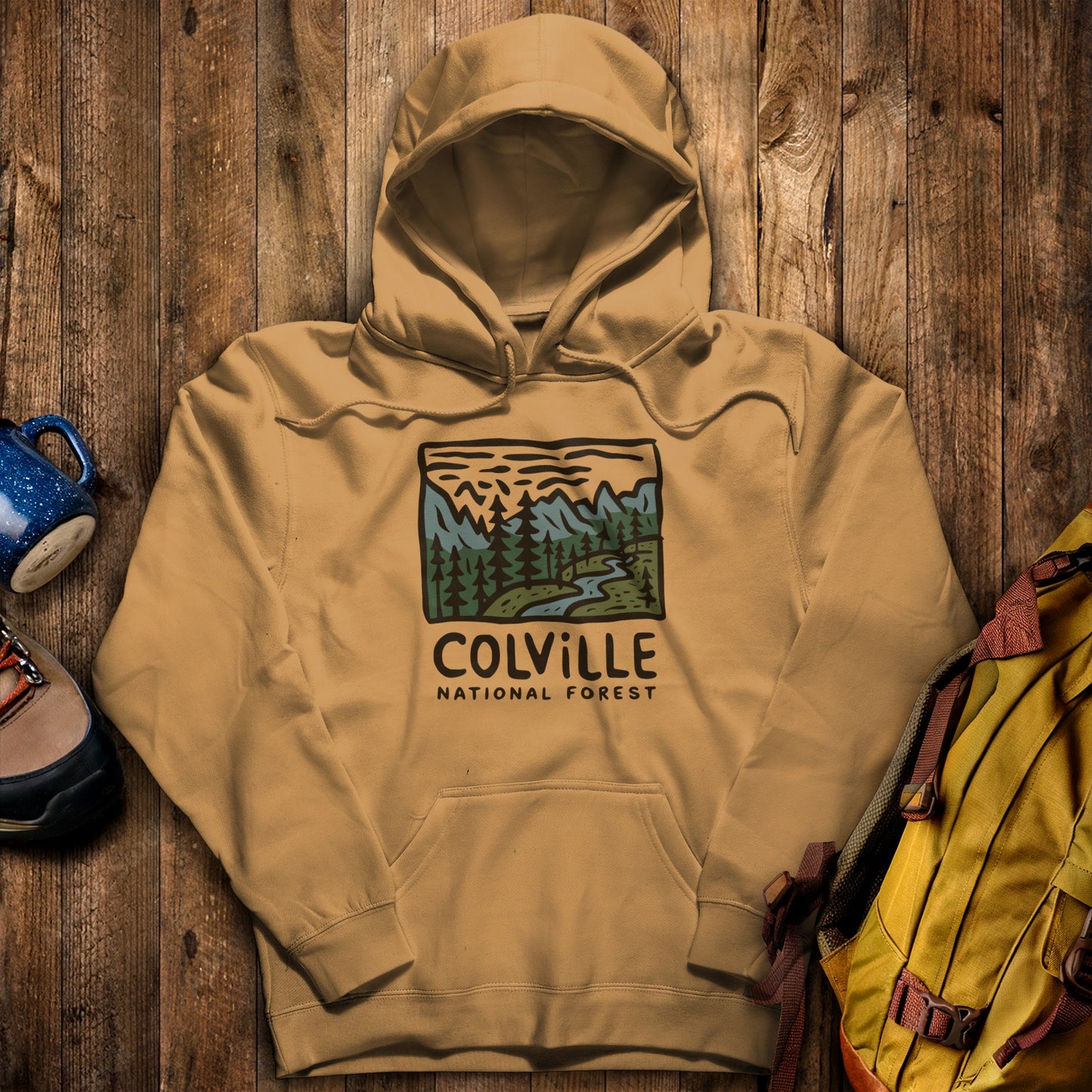 Colville National Forest Hoodie Mustard Adventure and Outdoors Themed Hoodie