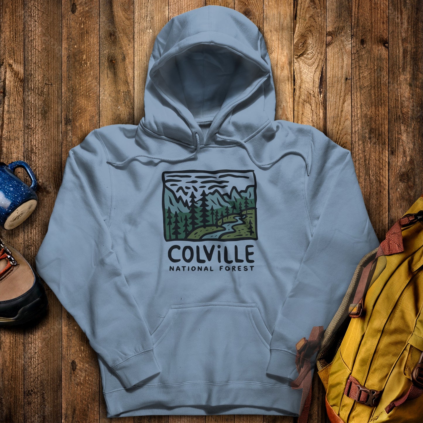 Colville National Forest Hoodie Stone Blue Adventure and Outdoors Themed Hoodie