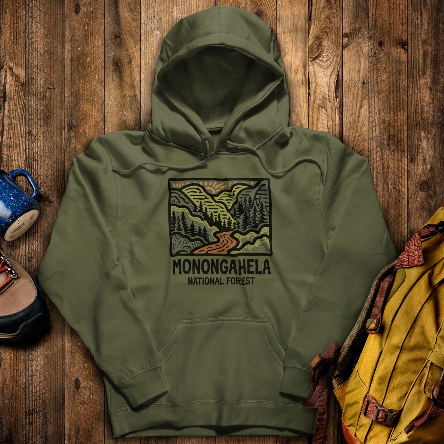 Monongahela National Forest Hoodie Military Green Adventure and Outdoors Themed Hoodie