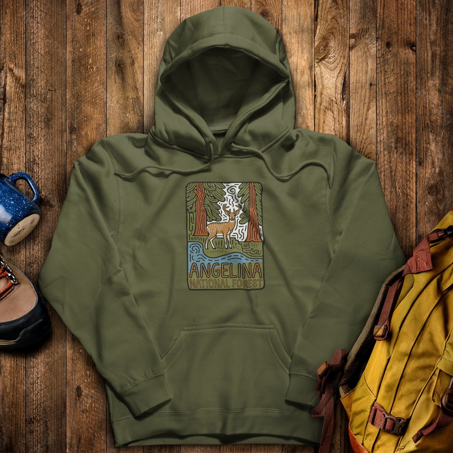 Angelina National Forest Hoodie Military Green Adventure and Outdoors Themed Hoodie