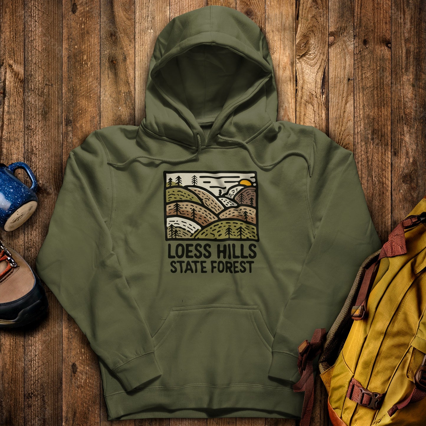 Loess Hills State Forest Hoodie Military Green Adventure and Outdoors Themed Hoodie