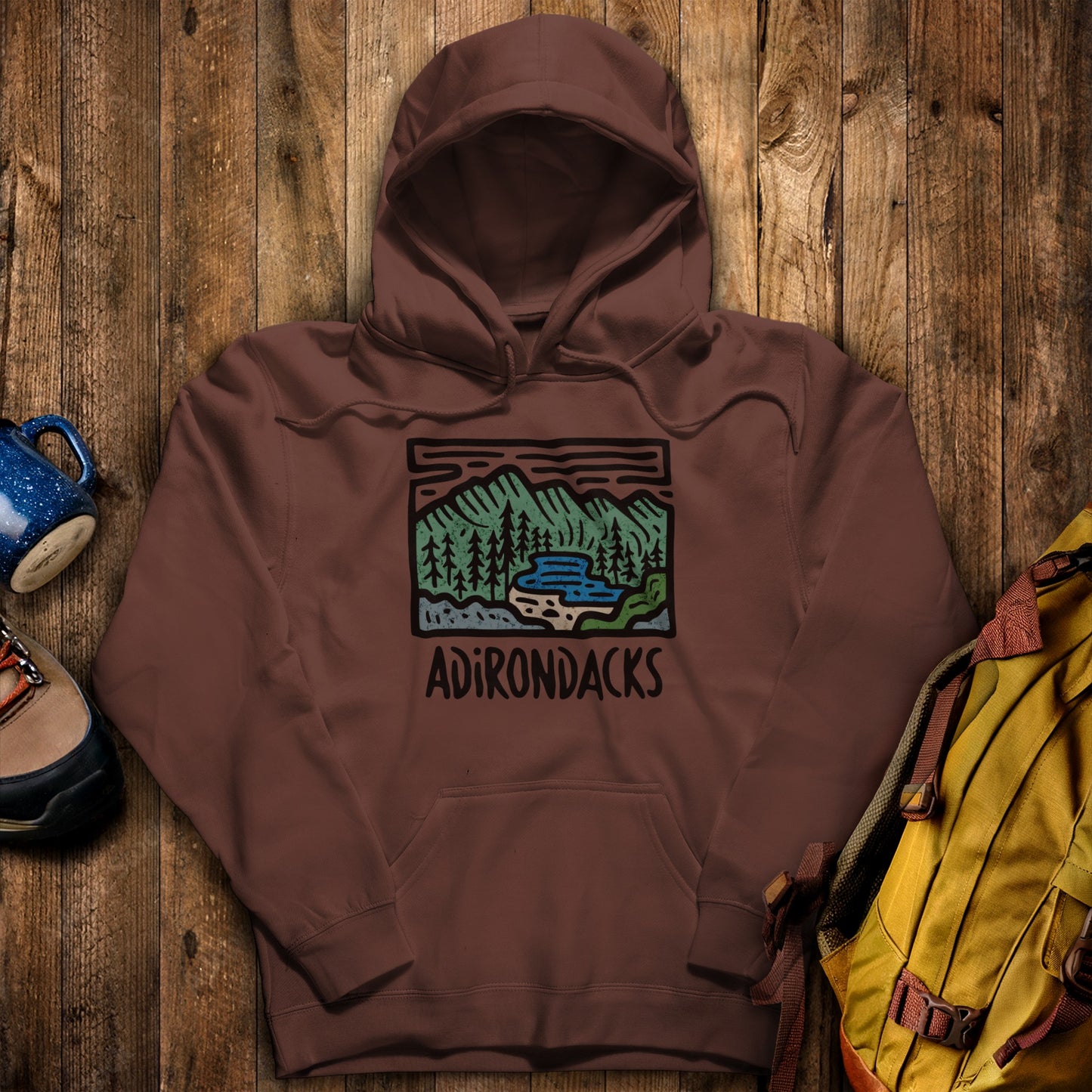 Adirondack Mountains Hoodie Cocoa Adventure and Outdoors Themed Hoodie