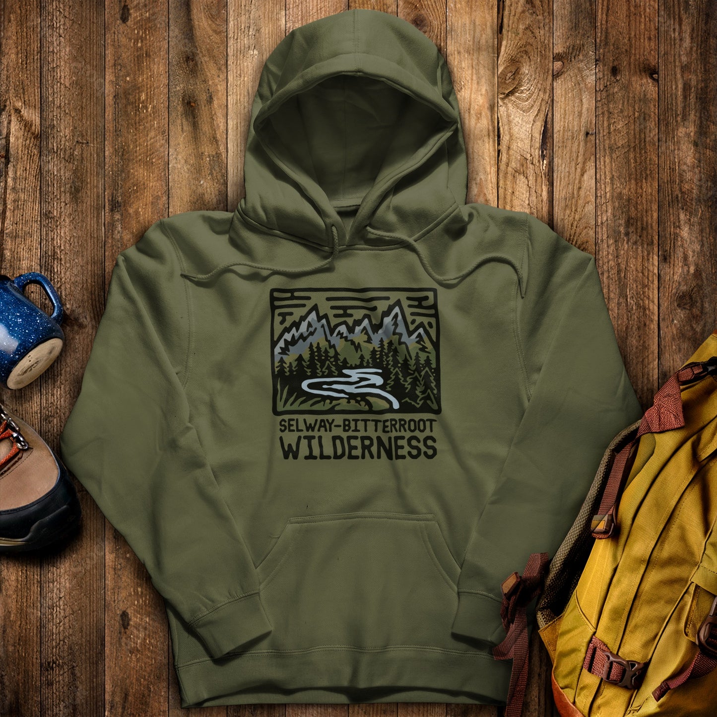 Selway-Bitterroot Wilderness Hoodie Military Green Adventure and Outdoors Themed Hoodie