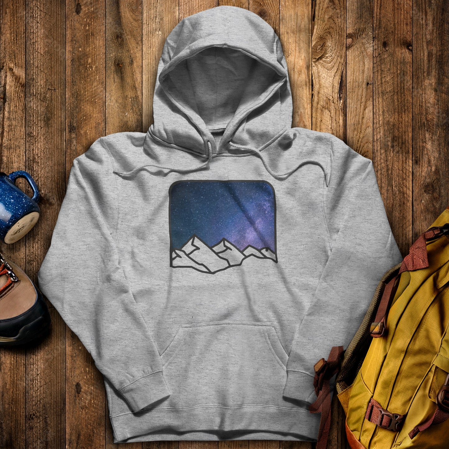 Starry Peaks Hoodie Charcoal Adventure and Outdoors Themed Hoodie