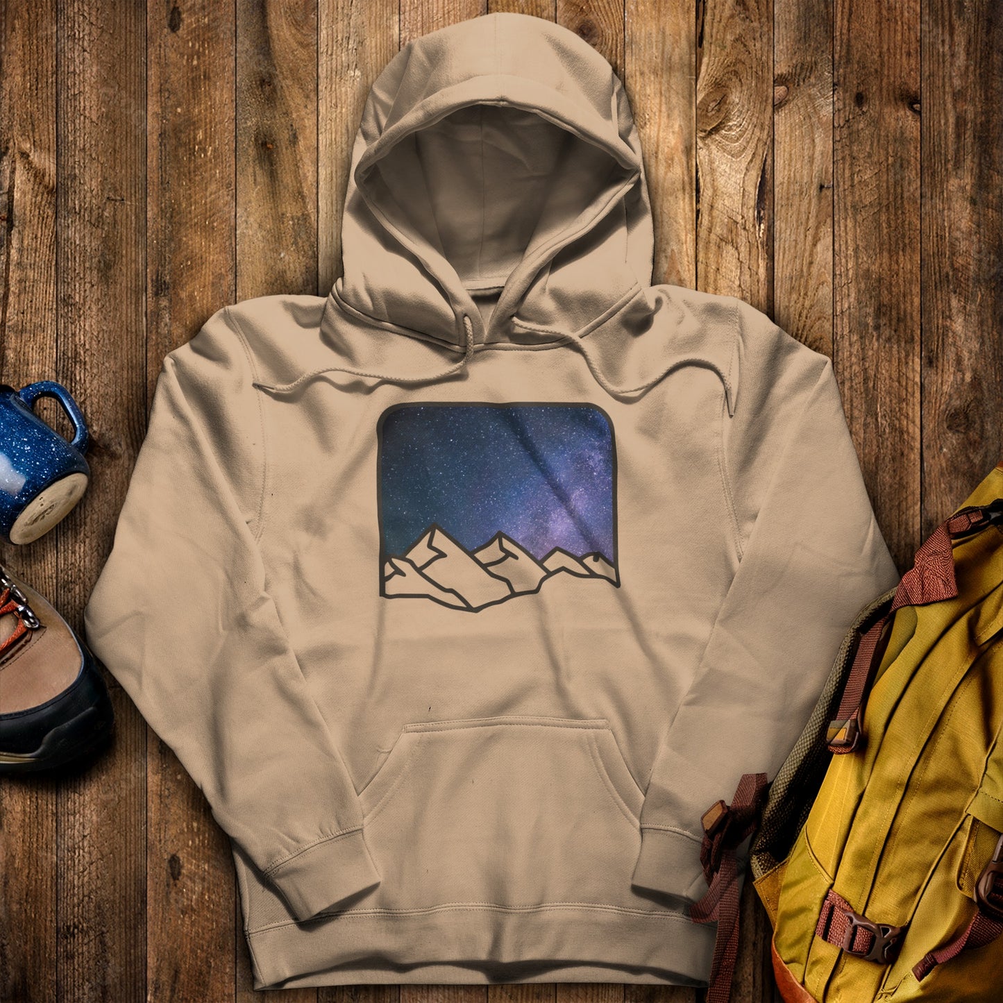 Starry Peaks Hoodie Sand Adventure and Outdoors Themed Hoodie