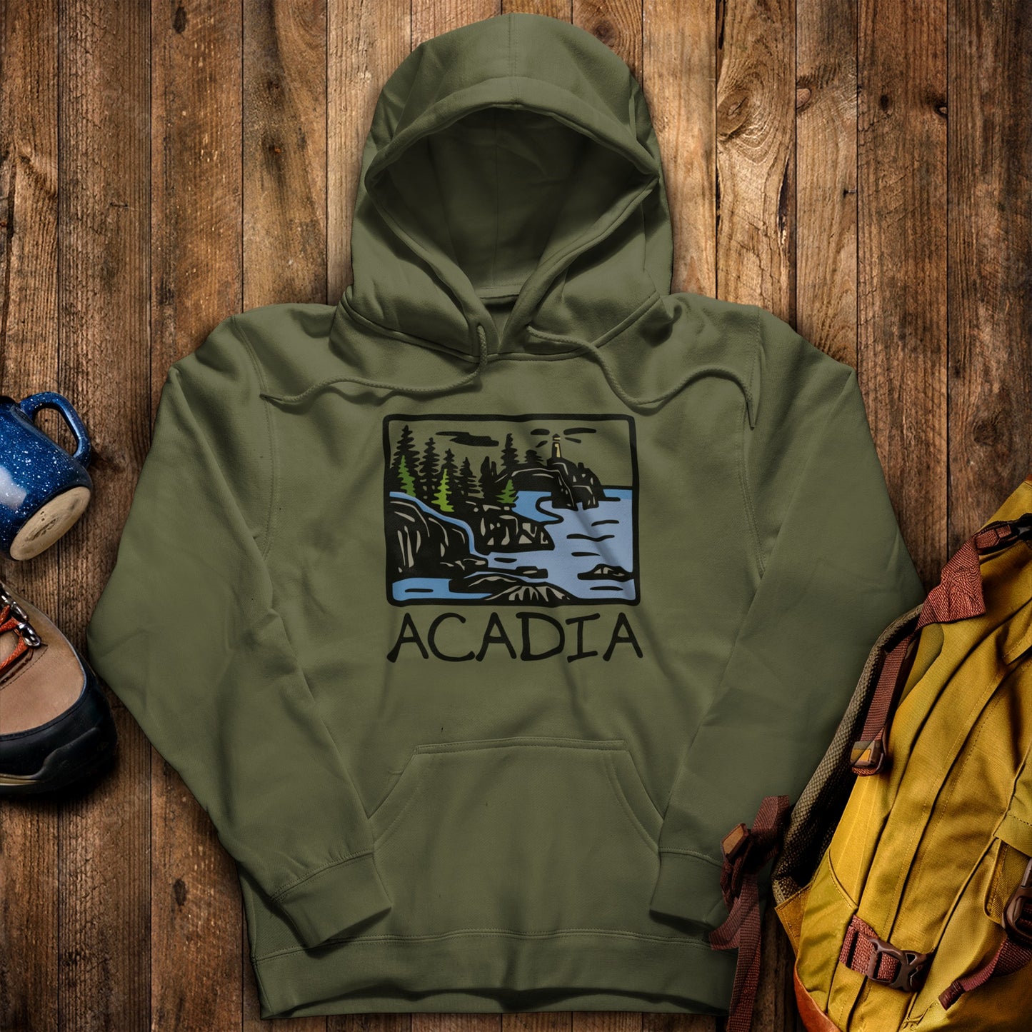 Acadia National Park Hoodie Military Green Adventure and Outdoors Themed Hoodie