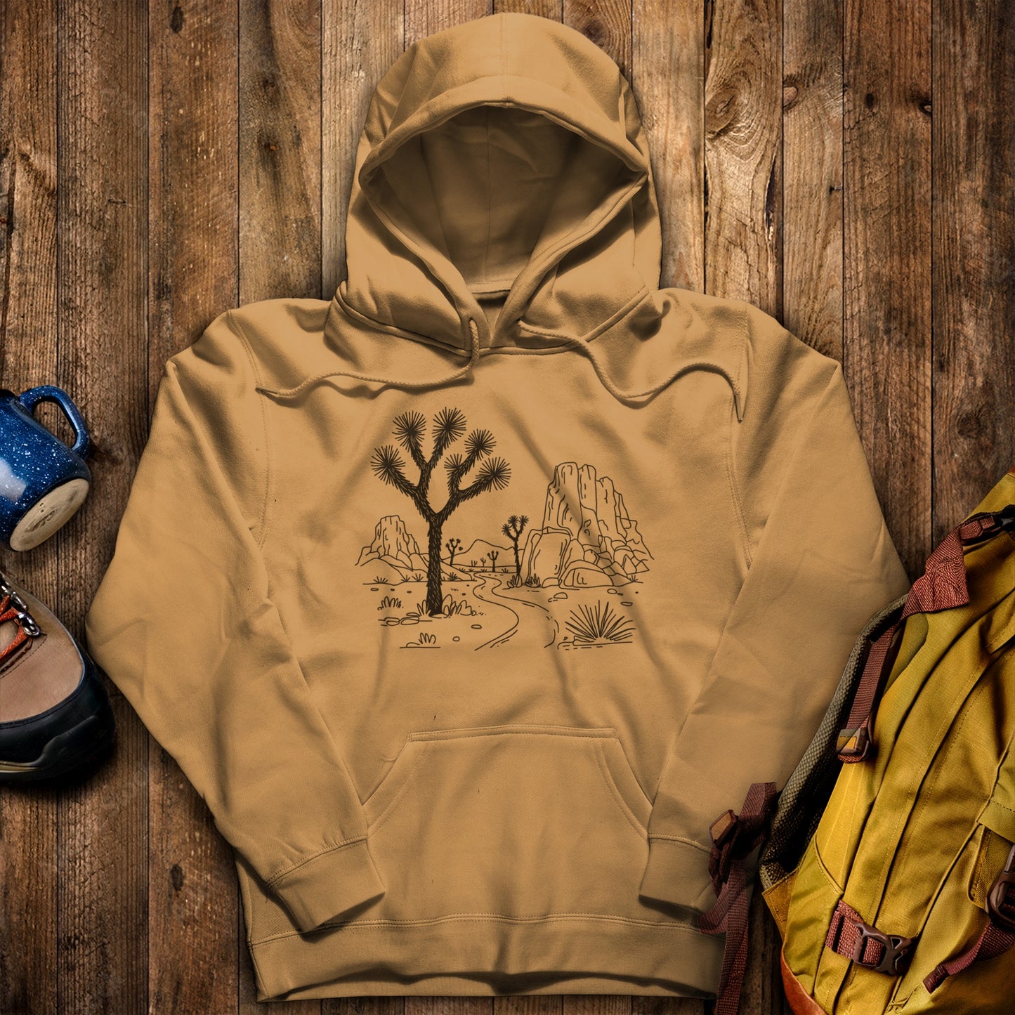 Joshua Tree Doodle Hoodie Mustard Adventure and Outdoors Themed Hoodie