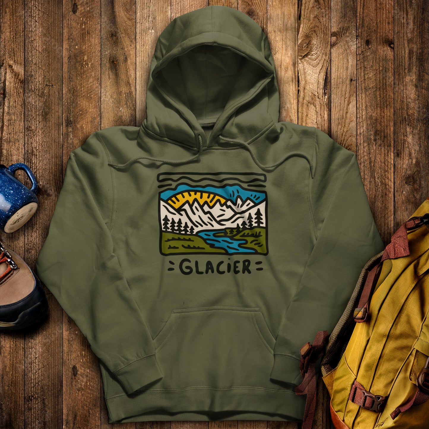 Glacier National Park Hoodie Military Green Adventure and Outdoors Themed Hoodie