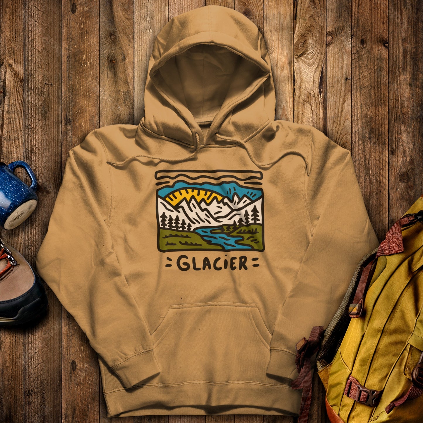 Glacier National Park Hoodie Mustard Adventure and Outdoors Themed Hoodie