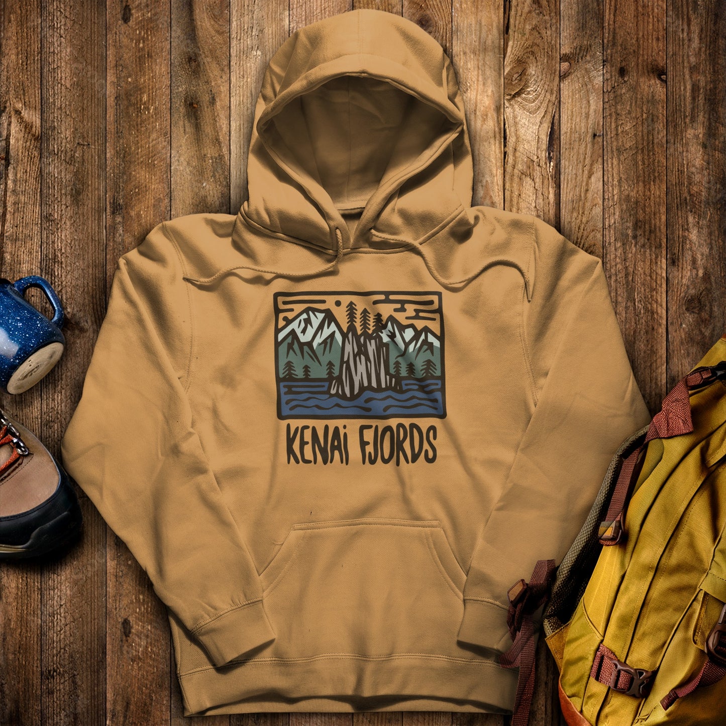Kenai Fjords National Park Hoodie Mustard Adventure and Outdoors Themed Hoodie