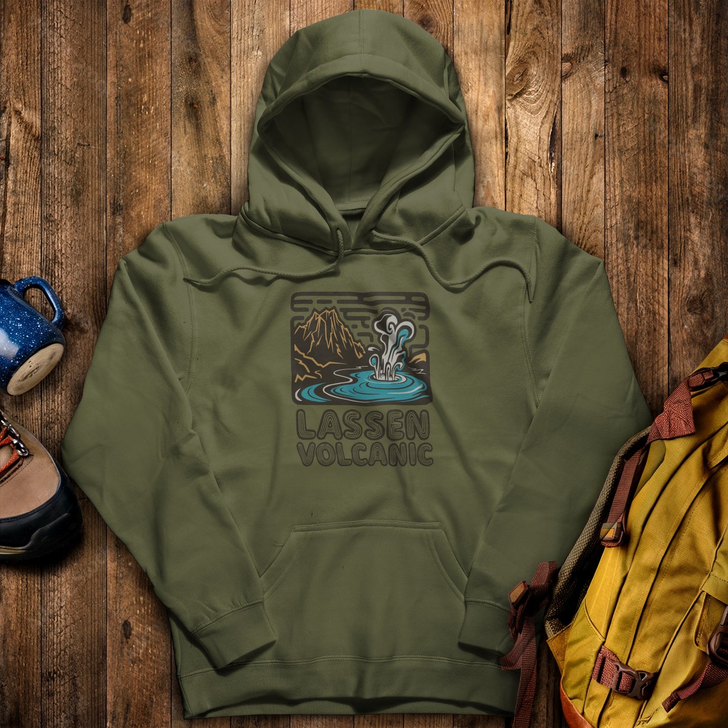 Lassen Volcanic National Park Hoodie Military Green Adventure and Outdoors Themed Hoodie