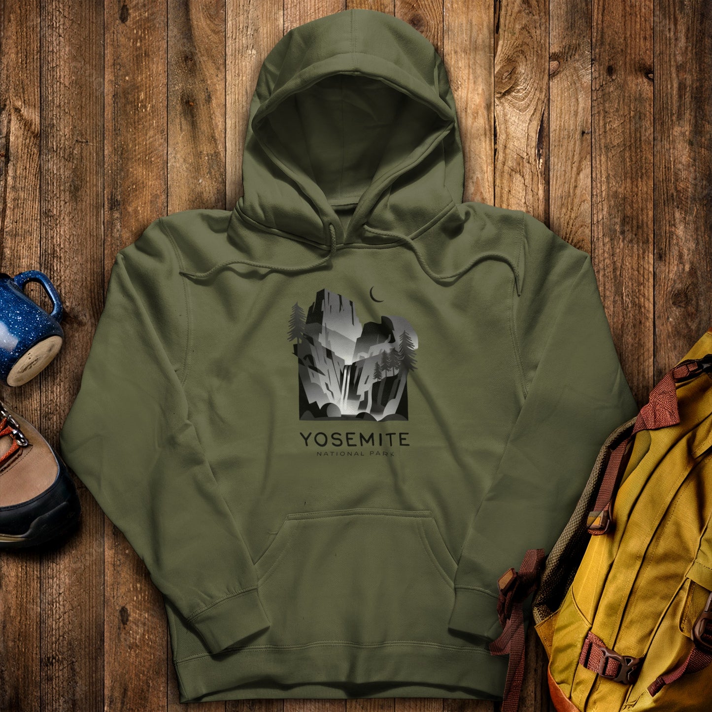 Yosemite National Park Noir Hoodie Military Green Adventure and Outdoors Themed Hoodie
