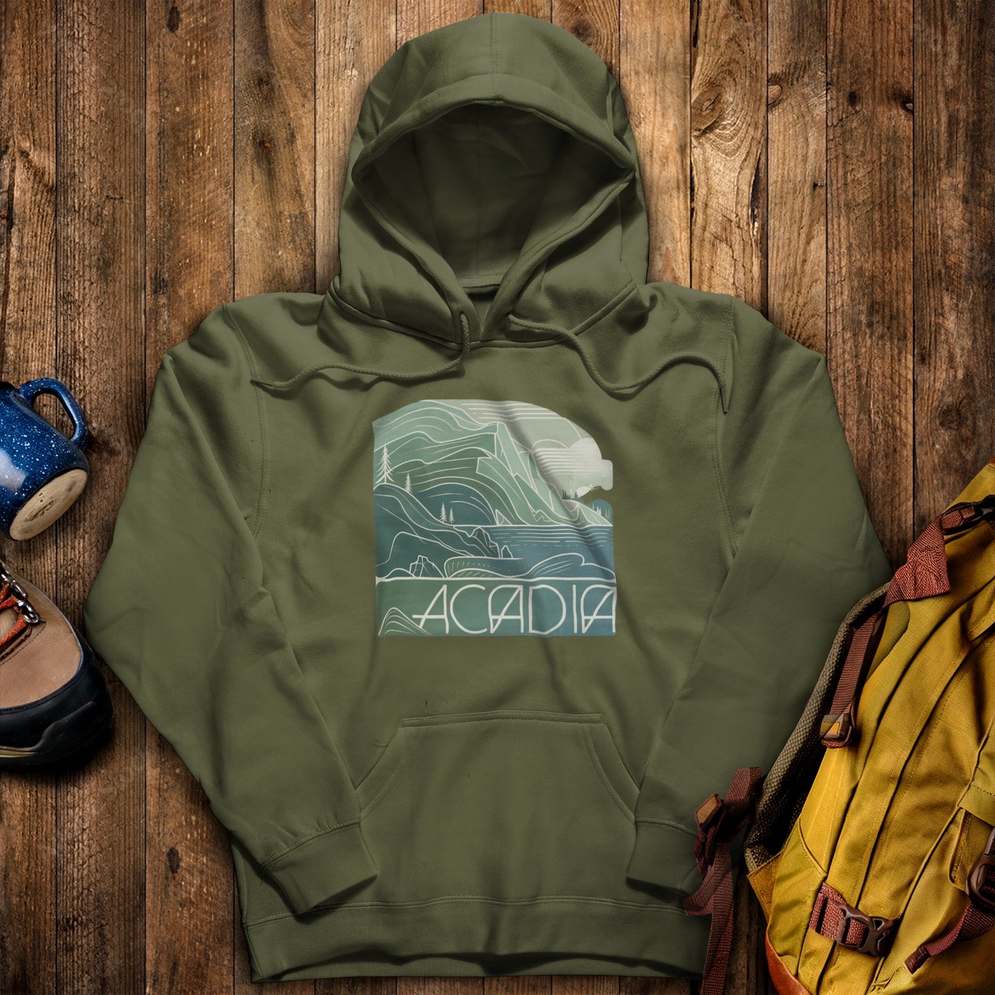 Acadia National Park Hoodie Military Green Adventure and Outdoors Themed Hoodie