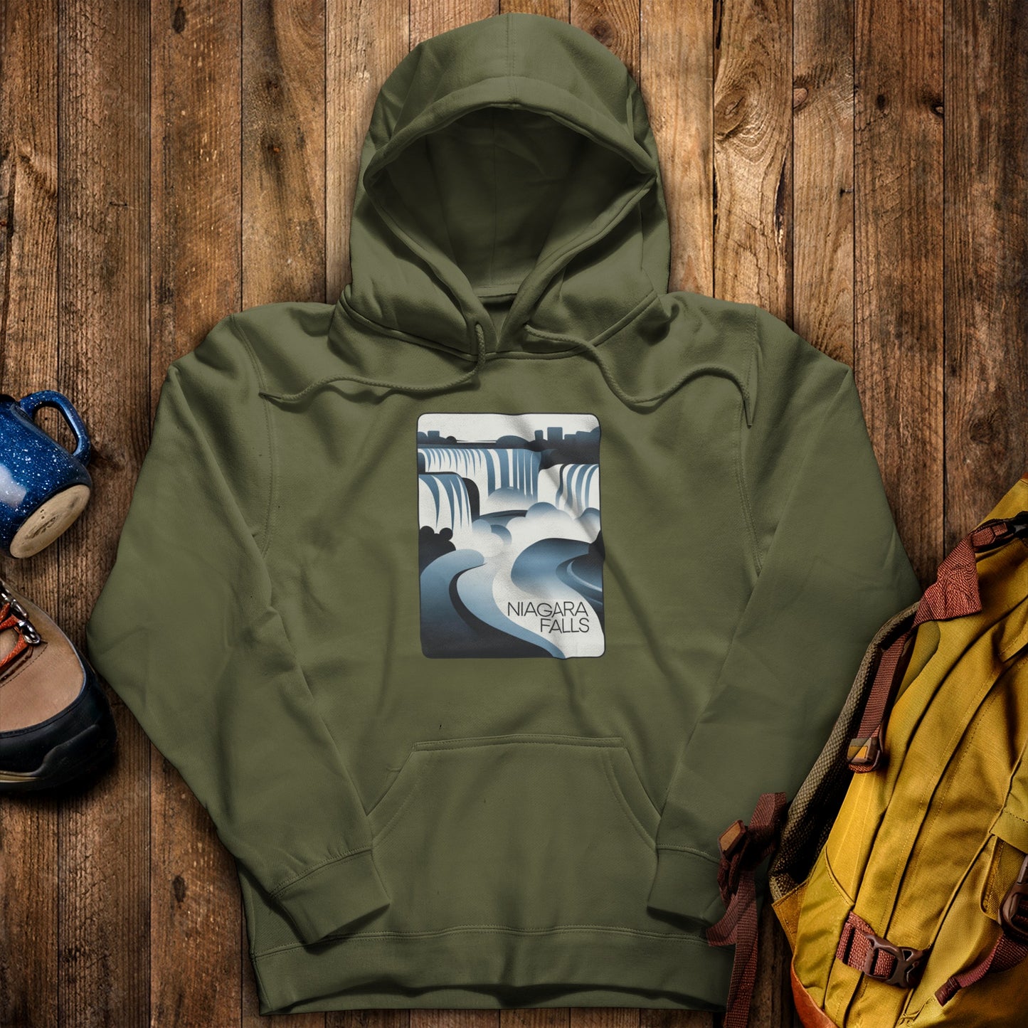 Niagara Falls Modern Hoodie Military Green Adventure and Outdoors Themed Hoodie