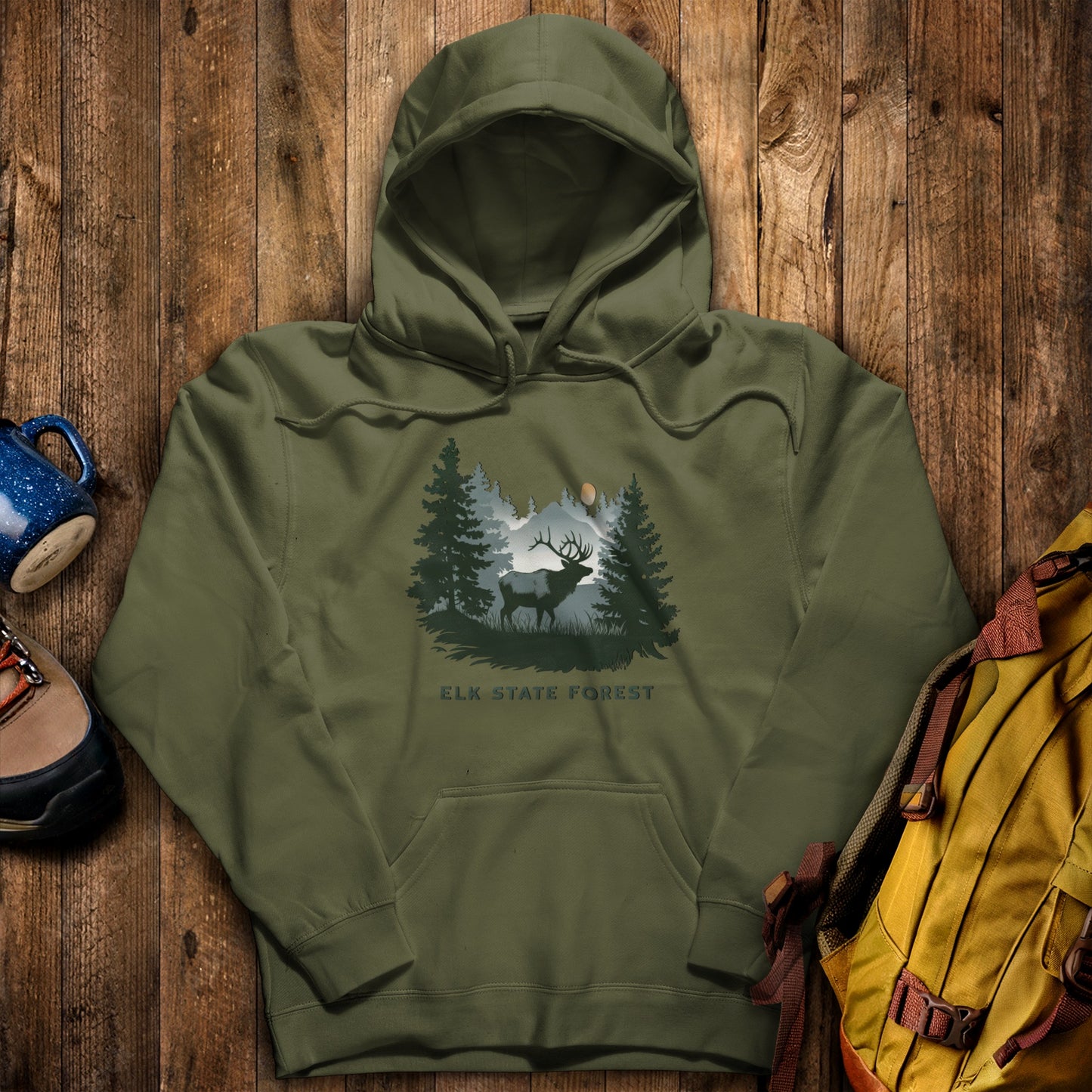 Elk State Forest Hoodie Military Green Adventure and Outdoors Themed Hoodie