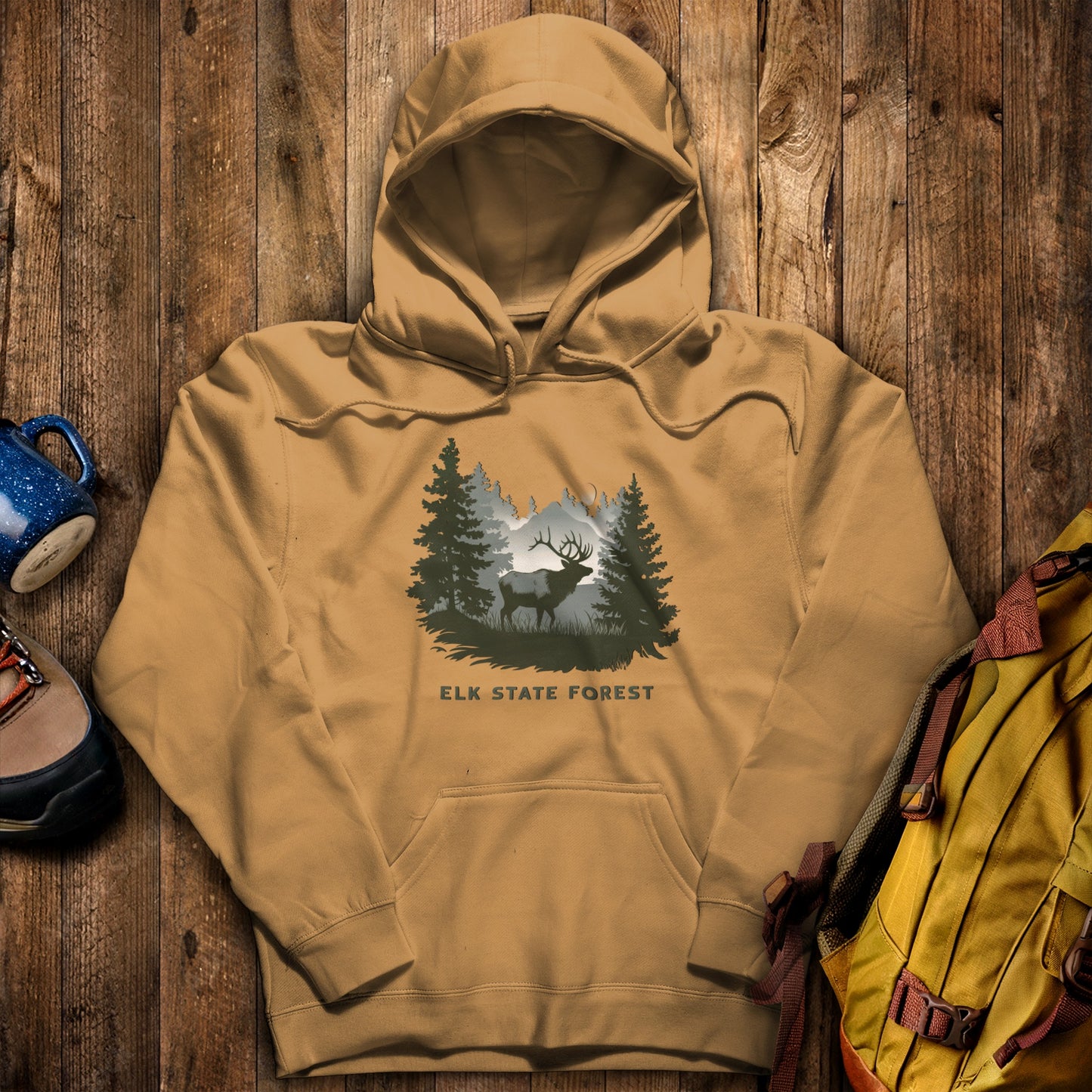 Elk State Forest Hoodie Mustard Adventure and Outdoors Themed Hoodie