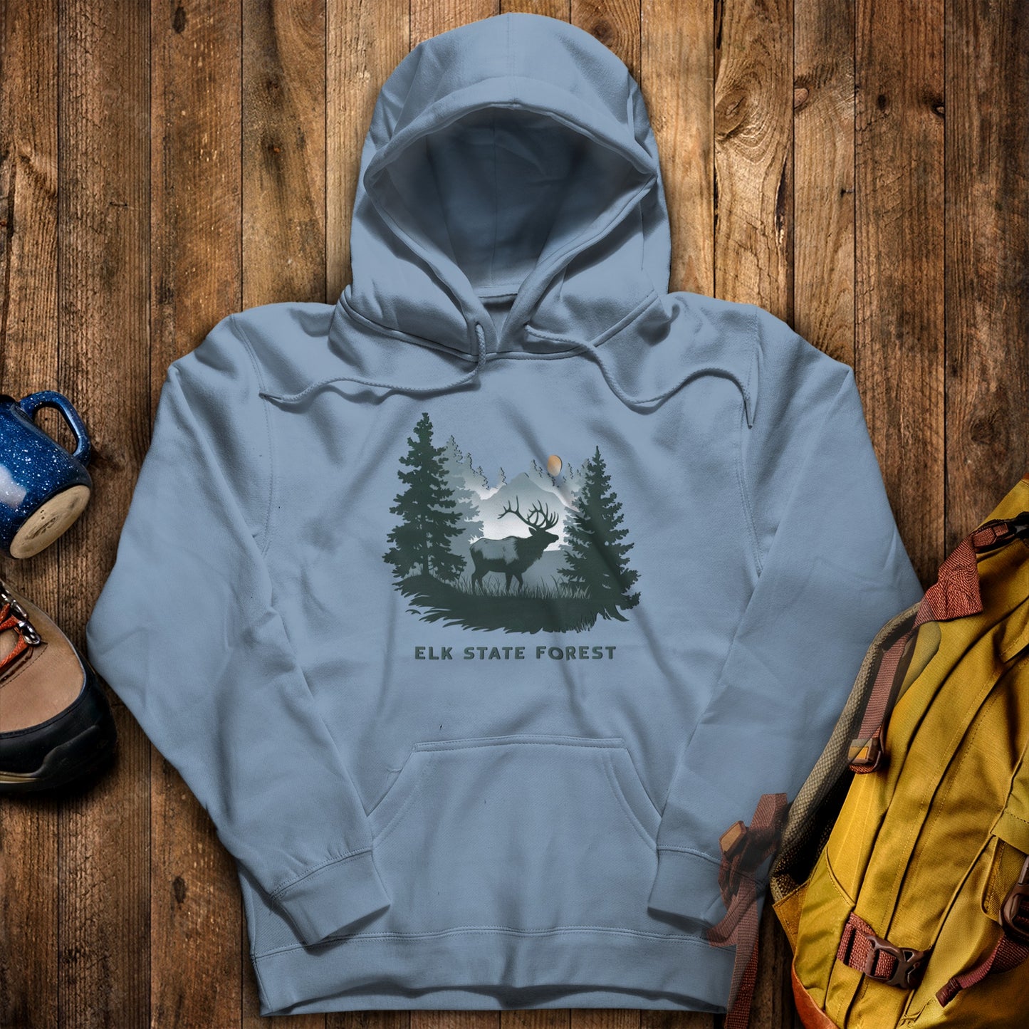 Elk State Forest Hoodie Stone Blue Adventure and Outdoors Themed Hoodie
