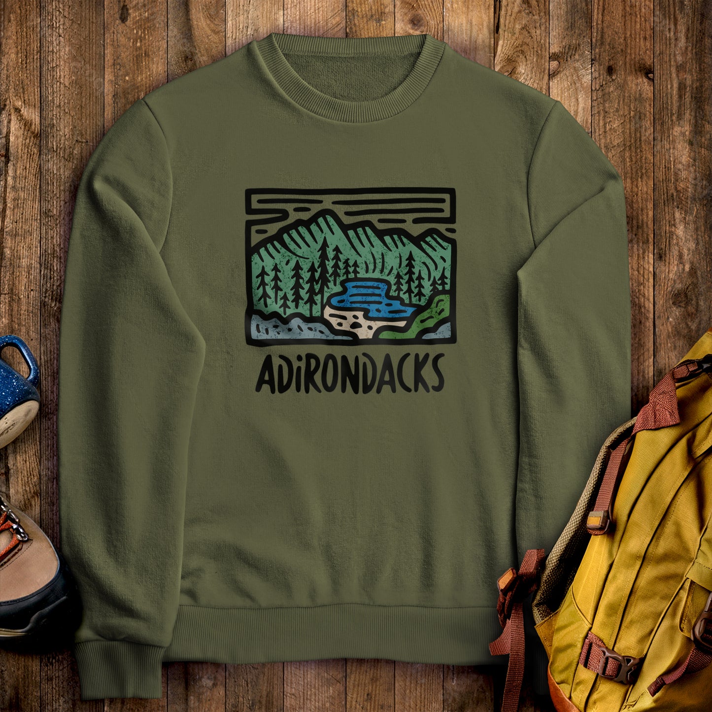 Adirondack Mountains Crewneck Sweatshirt Military Green Adventure and Outdoors Themed Sweatshirt