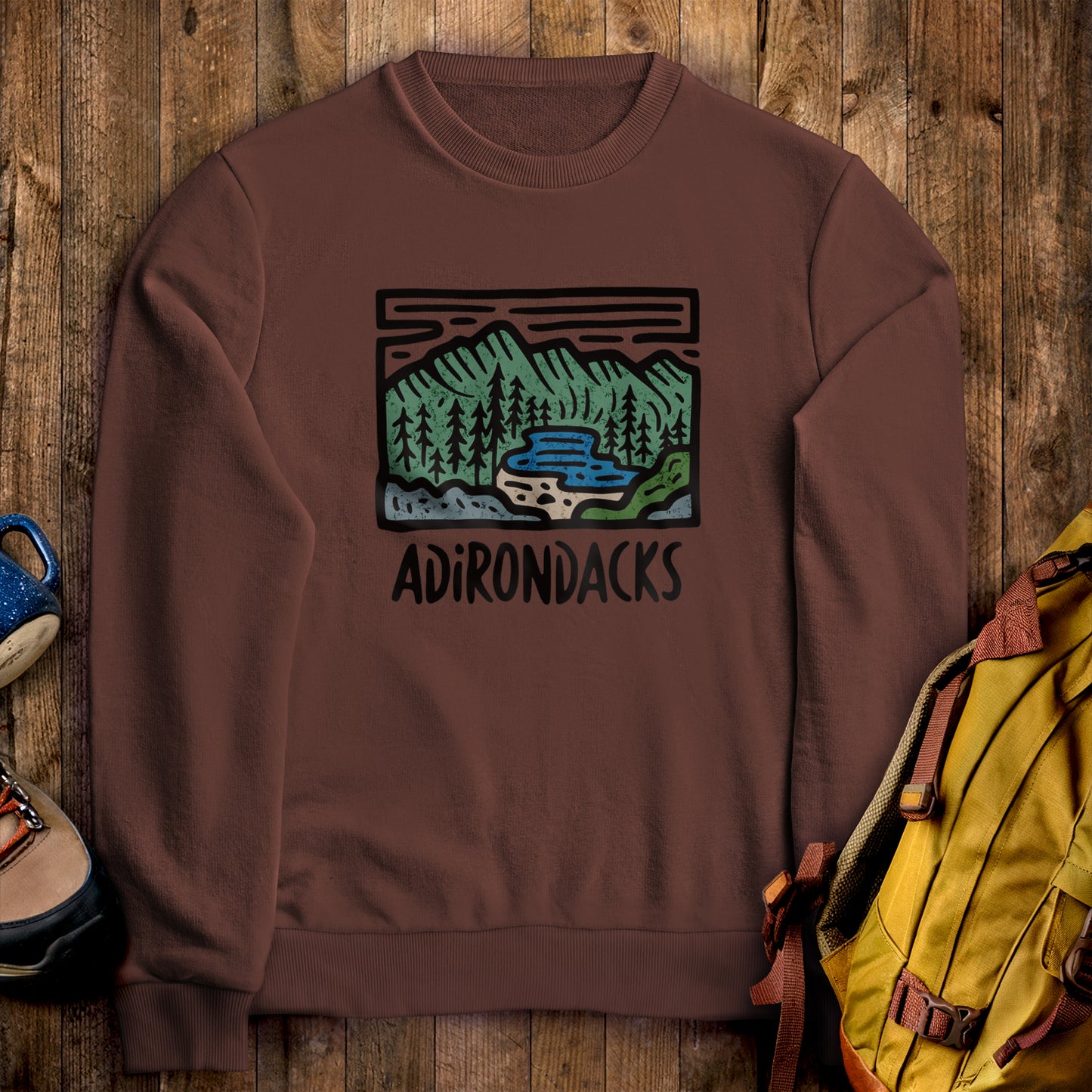 Adirondack Mountains Crewneck Sweatshirt Cocoa Adventure and Outdoors Themed Sweatshirt
