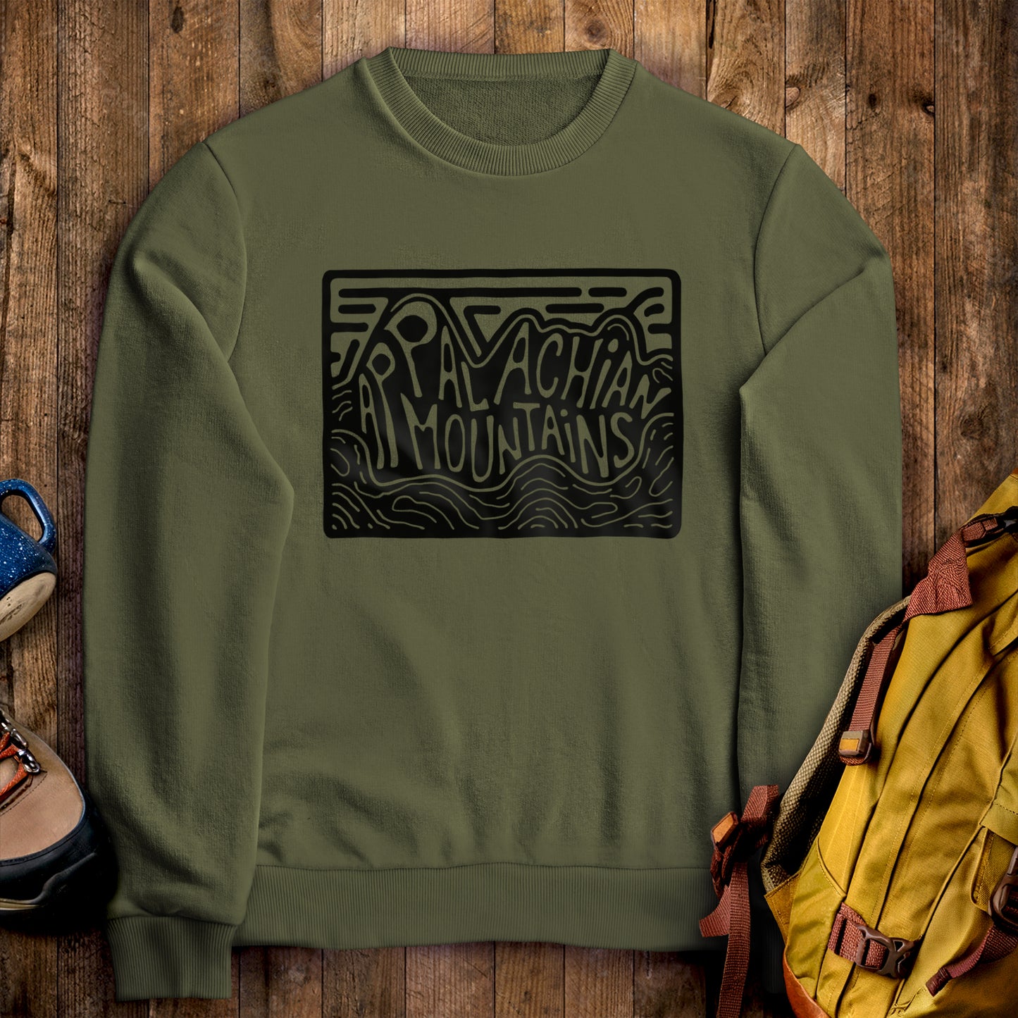 Appalachian Mountains Crewneck Sweatshirt Military Green Adventure and Outdoors Themed Sweatshirt