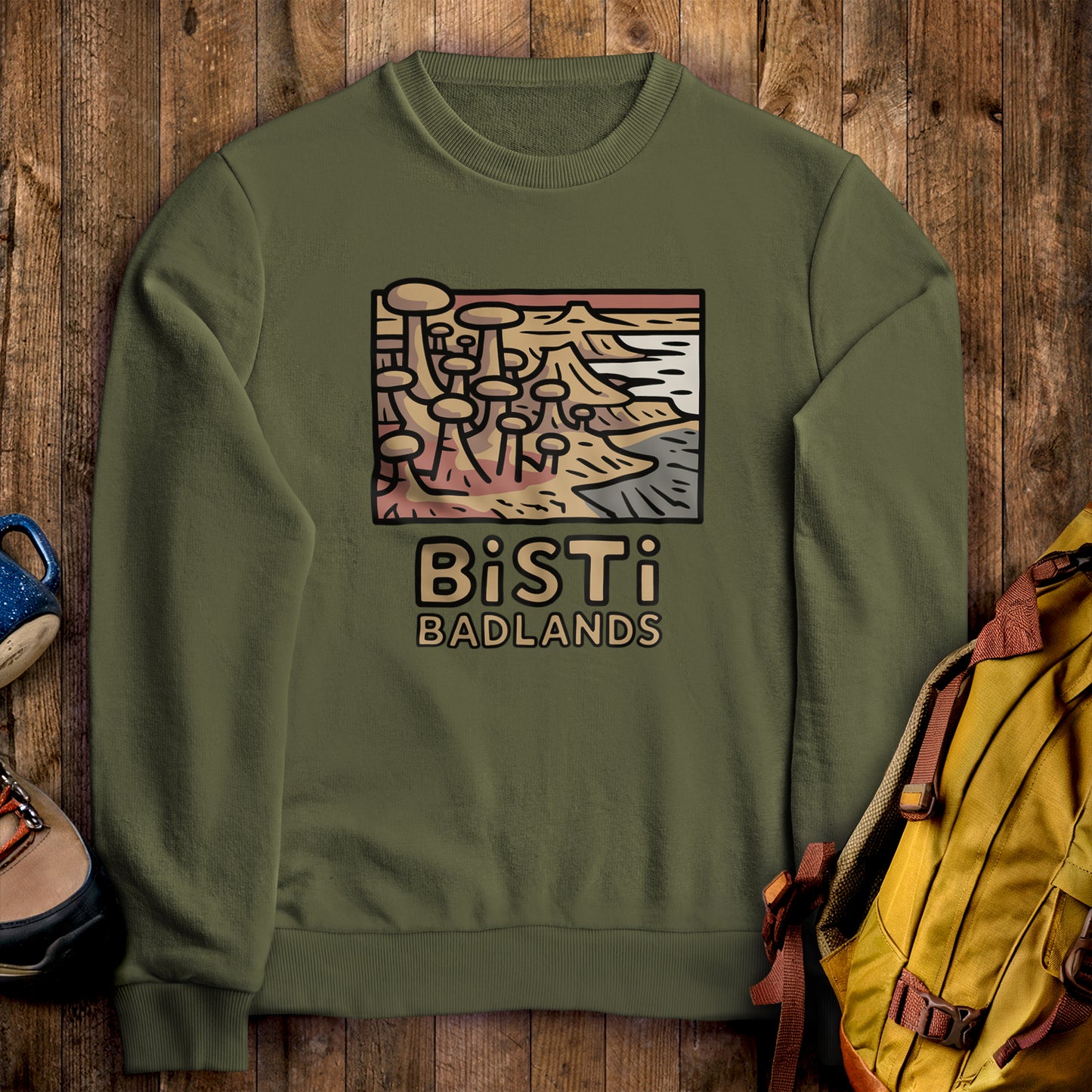 Bisti Badlands Crewneck Sweatshirt Military Green Adventure and Outdoors Themed Sweatshirt