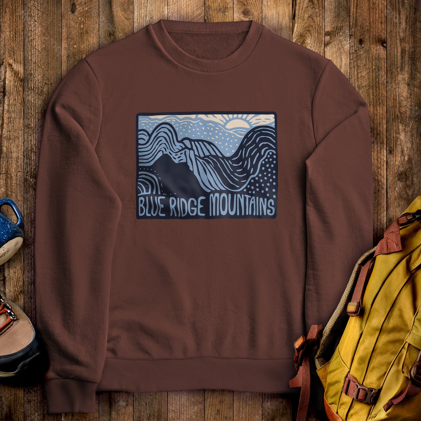 Blue Ridge Mountains Crewneck Sweatshirt Cocoa Adventure and Outdoors Themed Sweatshirt
