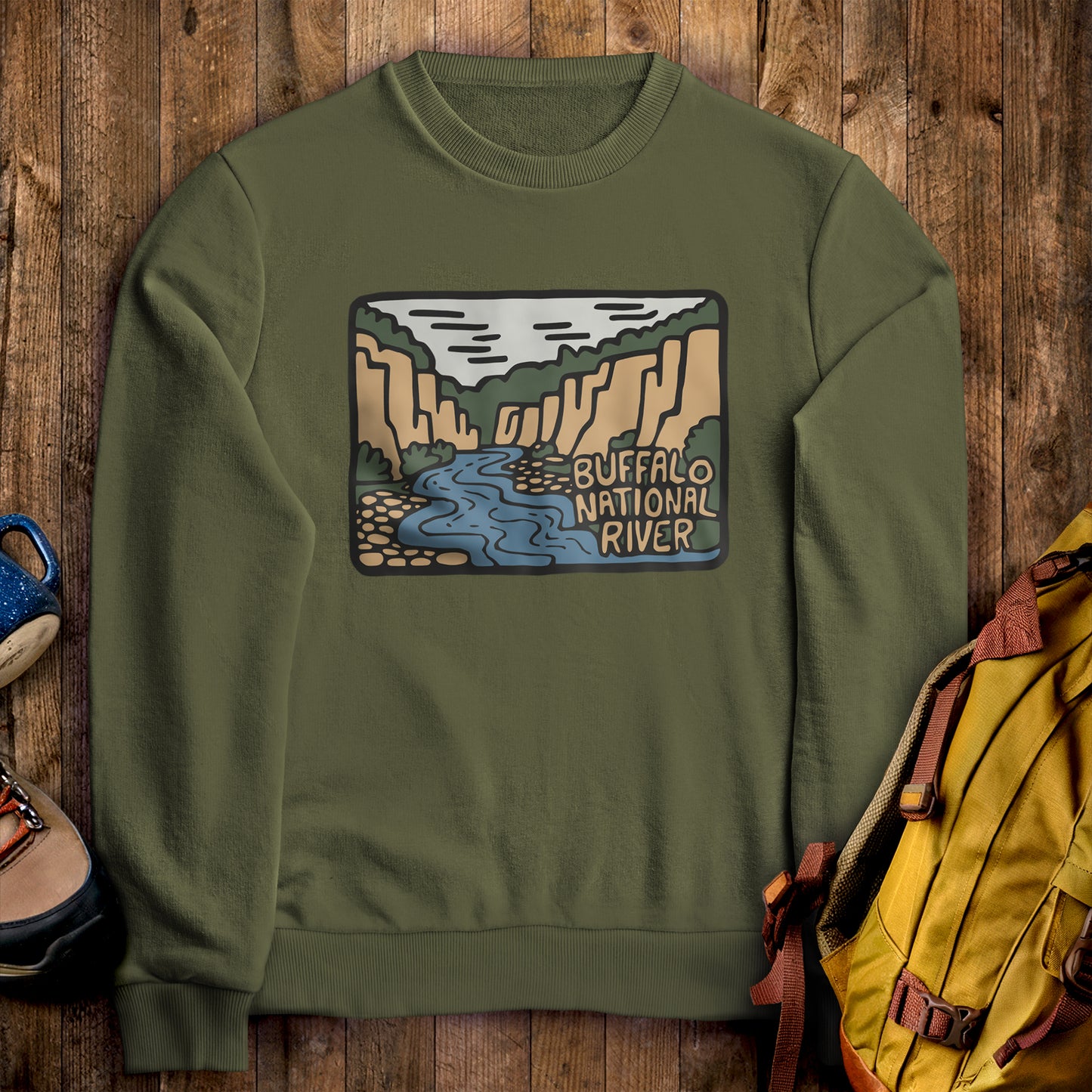Buffalo National River Crewneck Sweatshirt Military Green Adventure and Outdoors Themed Sweatshirt