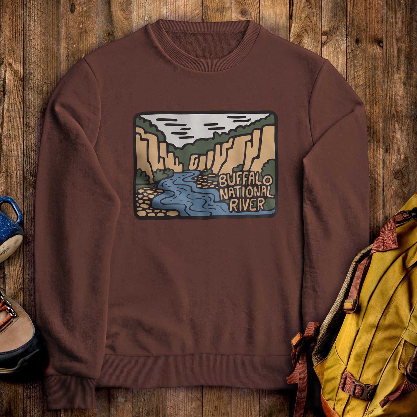 Buffalo National River Crewneck Sweatshirt Cocoa Adventure and Outdoors Themed Sweatshirt