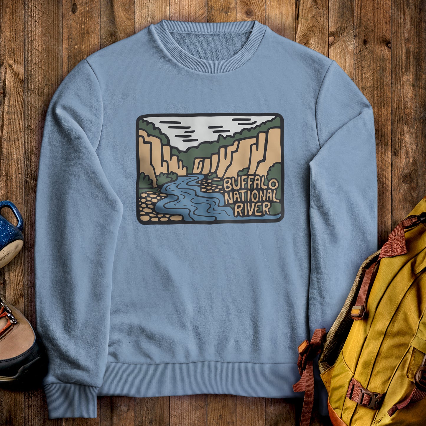 Buffalo National River Crewneck Sweatshirt Stone Blue Adventure and Outdoors Themed Sweatshirt